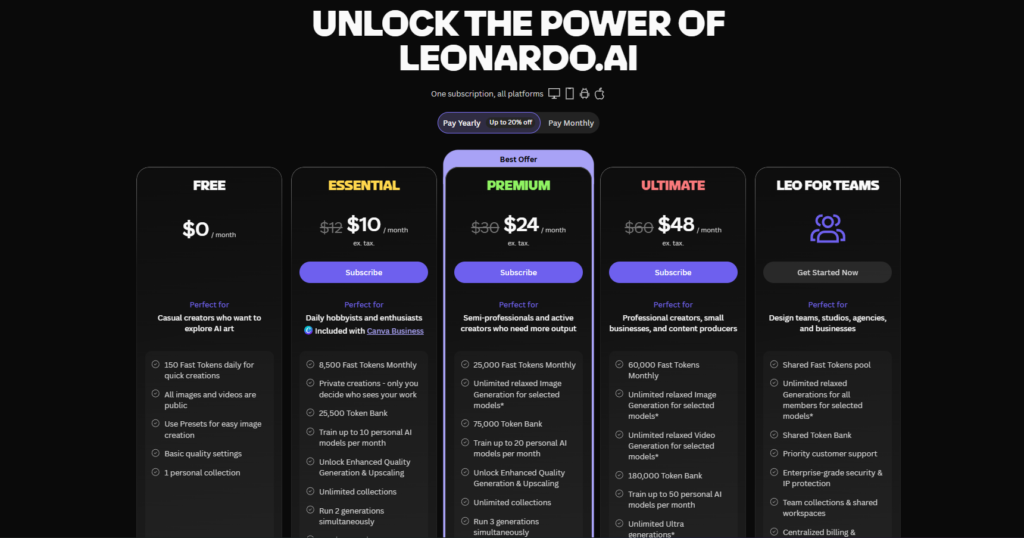 Leonardo AI Pricing Page