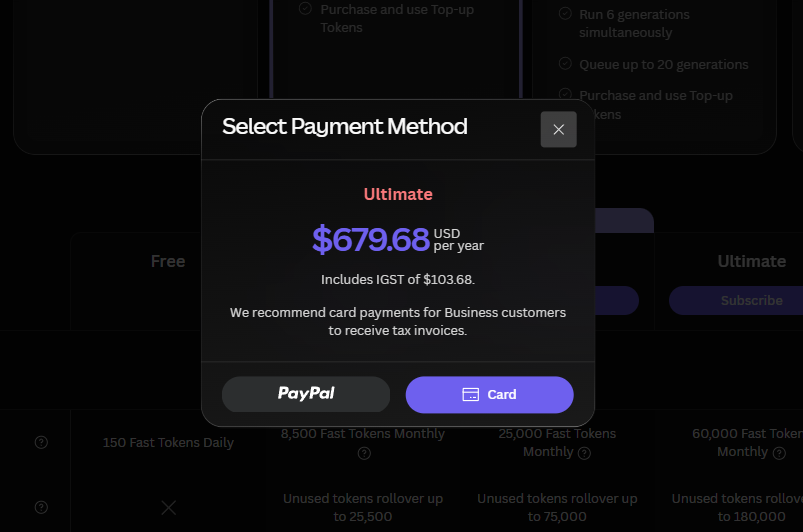 Leonardo AI Pricing Page after clicking subscribe button for Ultimate Package