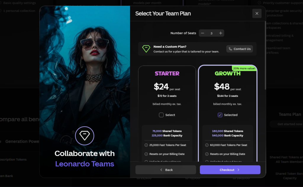 Leonardo AI Pricing Page for Teams subscription Plan