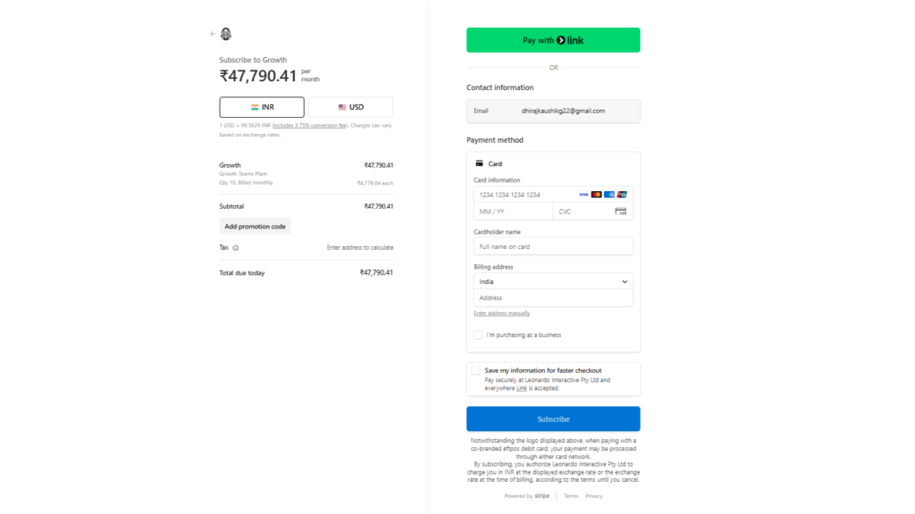 Leonardo AI Stripe Payment Gateway Checkout Page