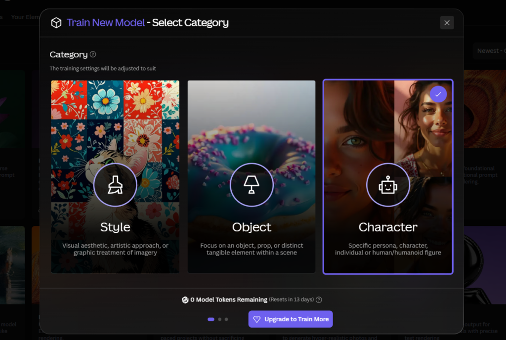 Leonardo AI Custom Model training Option Popup