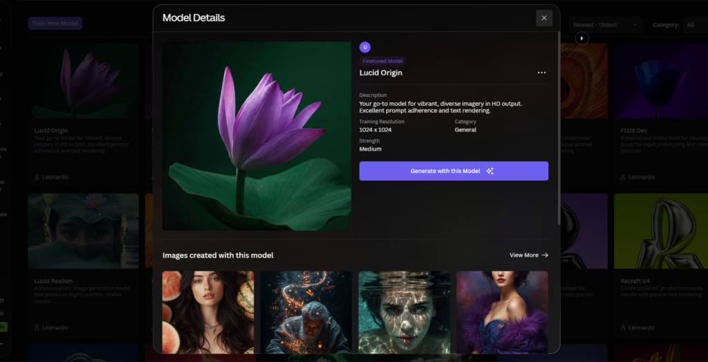 Leonardo AI Model training Page pop up for Fine Tuned Model Overview of Lucid Origin Model