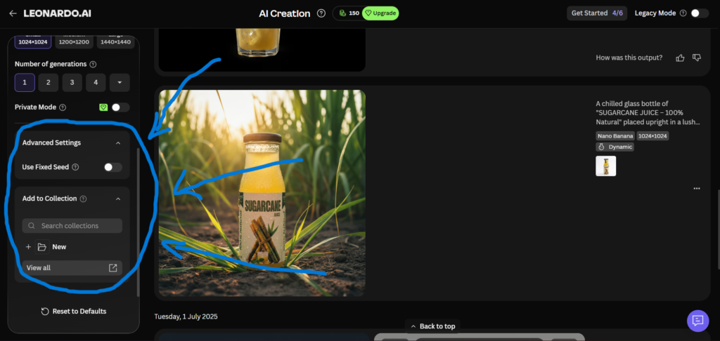 Leonardo AI Advanced Settings for Image Generation with Custom Model training
