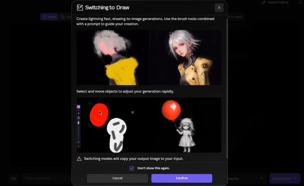 Leonardo AI Switching from Real Time Canvas inprint to draw Popup