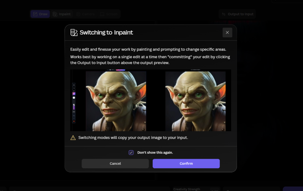 Leonardo AI Switching from Real Time Canvas Draw to Inprint Popup
