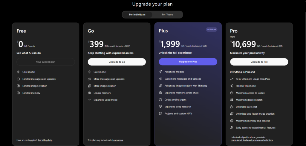 ChatGPT Pricing Page for Individuals
