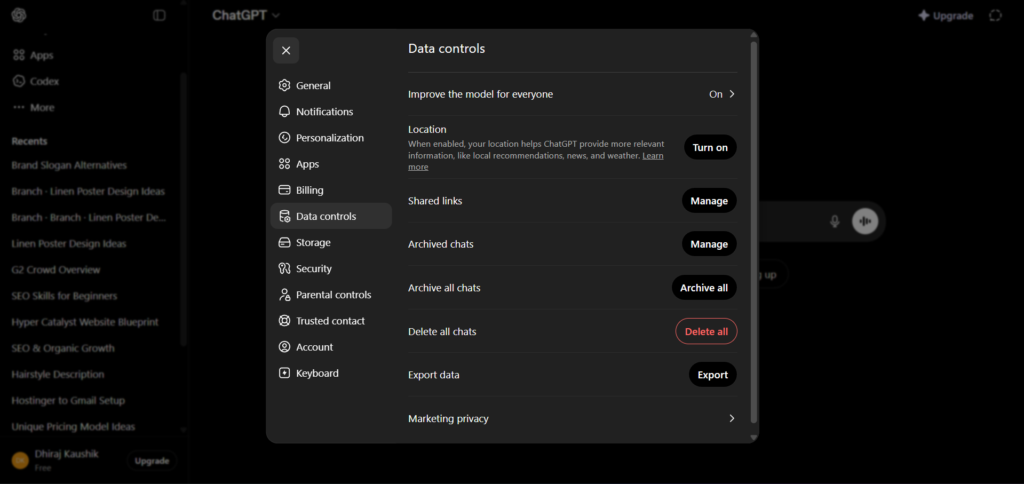 ChatGPT Memory Option pop up