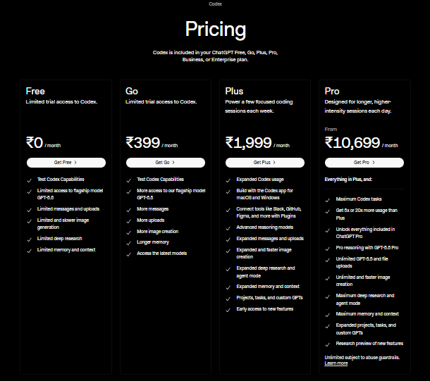 Codex Pricing Table