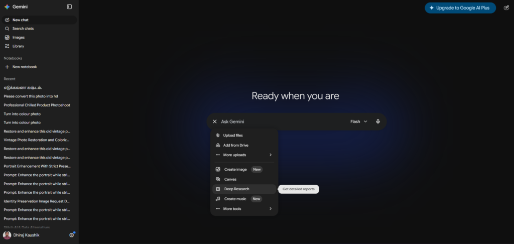 Choosing Deep Research Option in Google Gemini