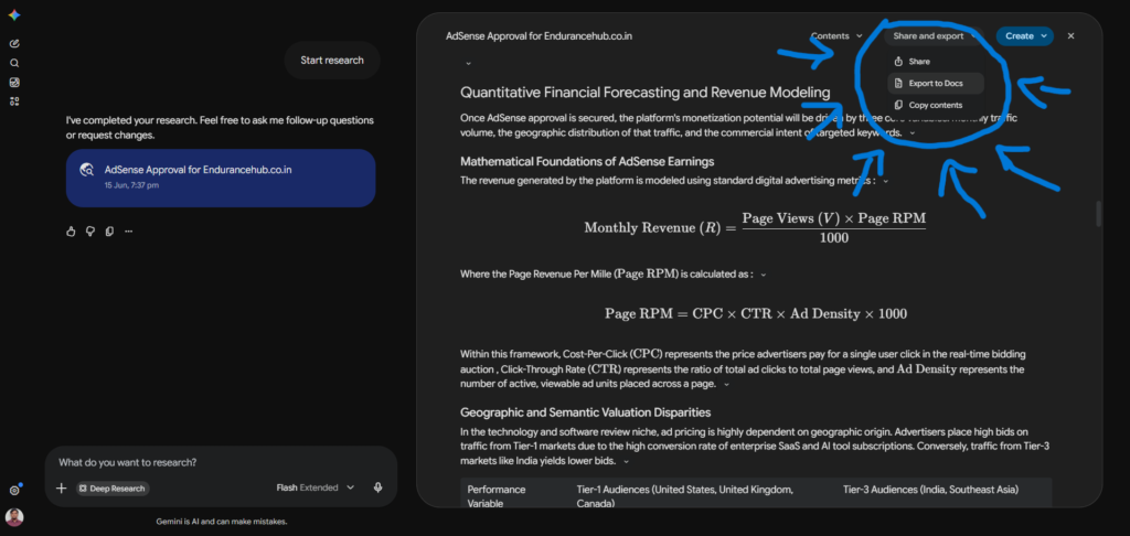 Google Gemini Deep Research Document Export Option