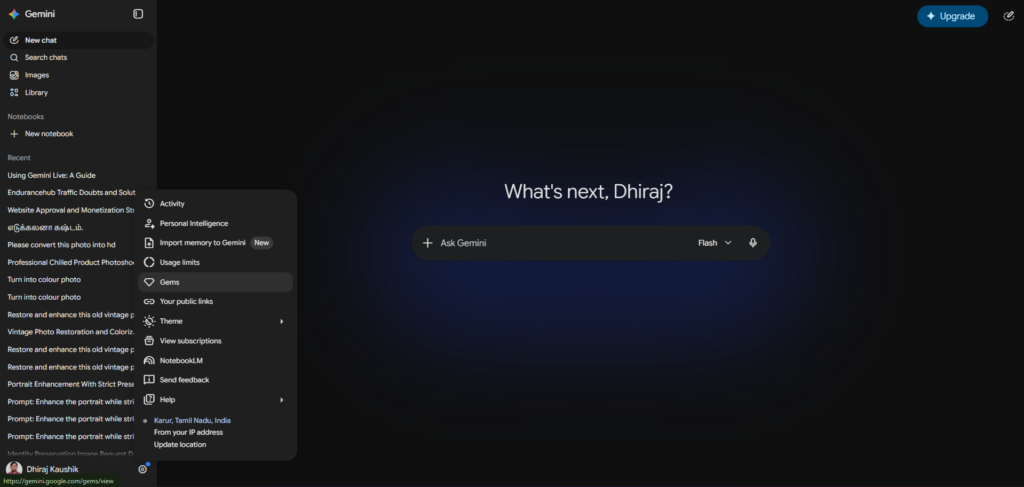 Google Gemini Gems Option in Home Page