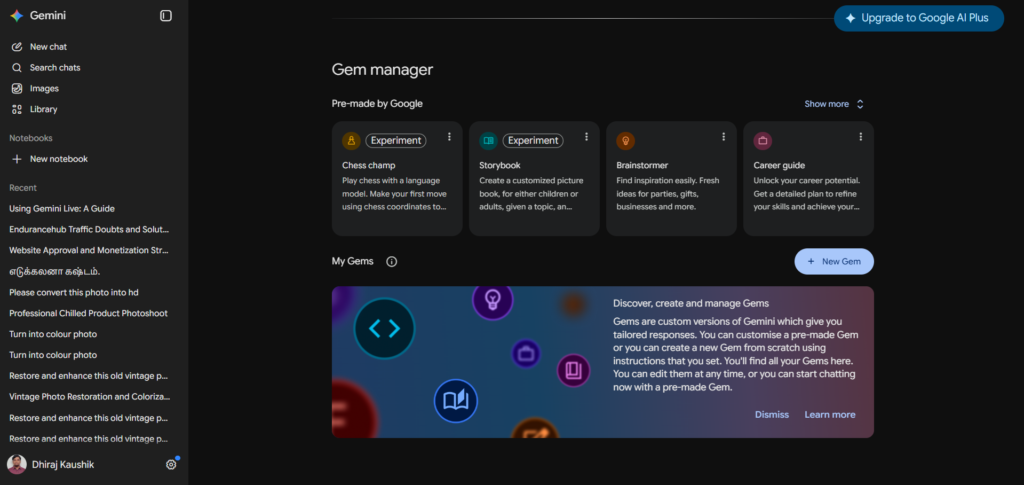 Google Gemini Gems Manager Section