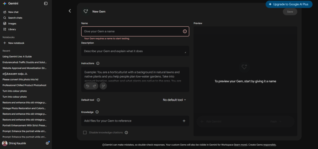 Google Gemini Gems Creation Popup