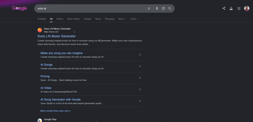 Suno AI in Google search