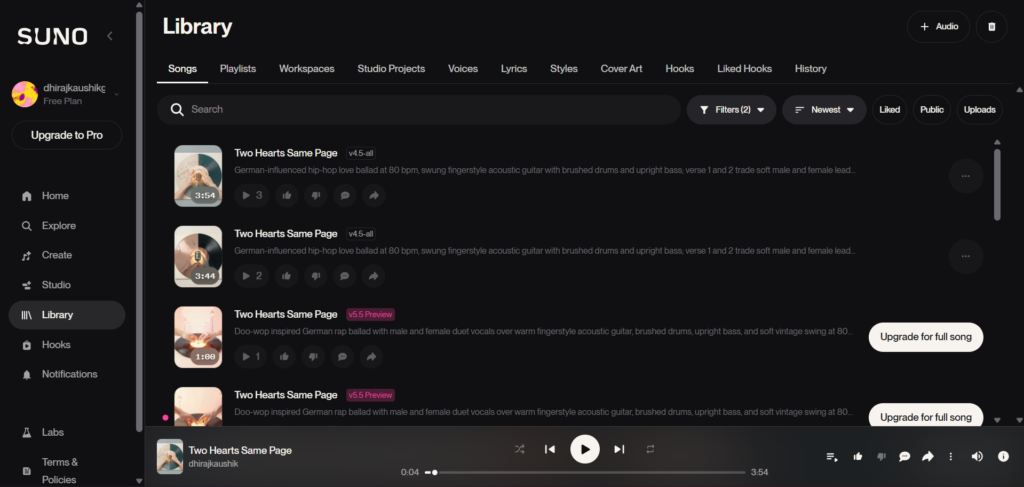 Suno AI Library Page