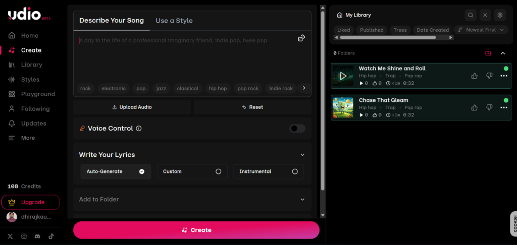 Udio Create Page