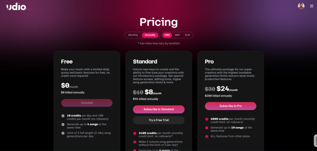 Udio Yearly Pricing Page