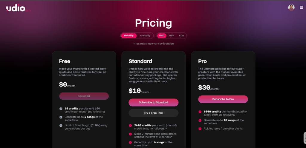 Udio Monthly Pricing Page