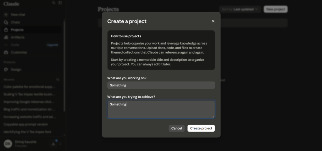 Claude AI Projects Settings popup