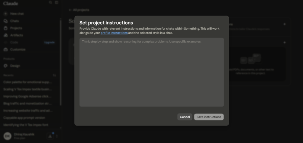 Claude AI Projects Instructions Popup