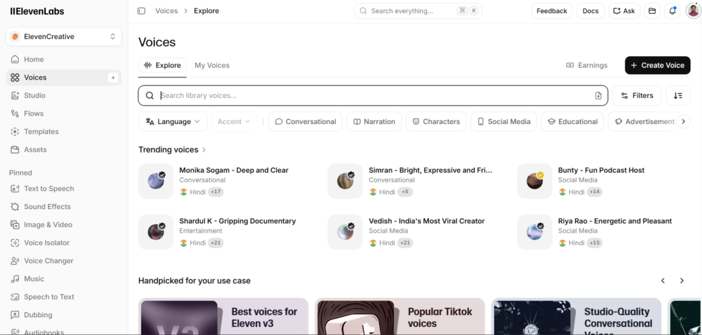 ElevenLabs Voices Page