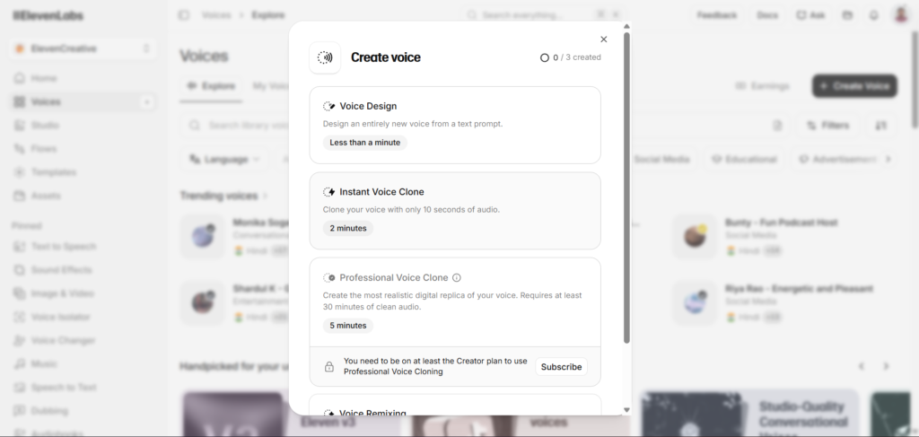 ElevenLabs Voice Cloning Option Popup