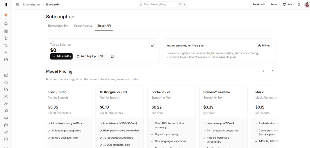 ElevenAPI Subscription Page