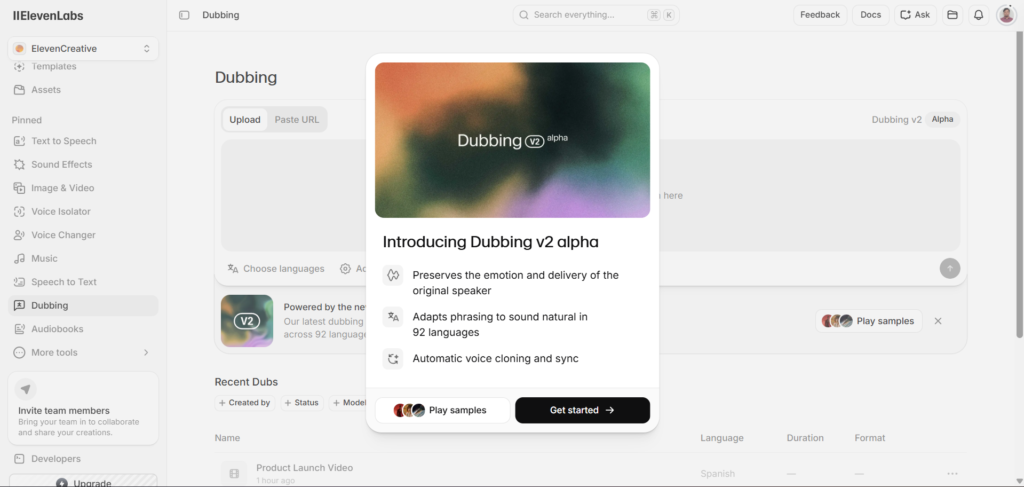 ElevenLabs Dubbing Page Popup