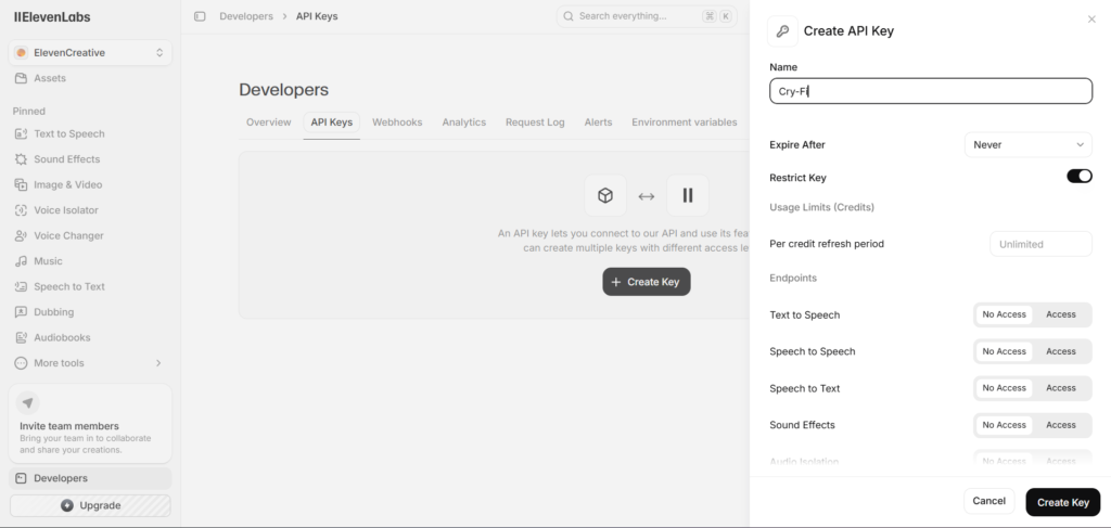 ElevenLabs API Keys Creation Creation setup
