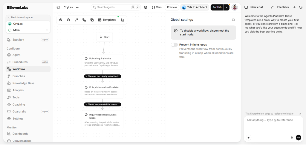 ElevenLabs Conversational AI Agent Workflow Page